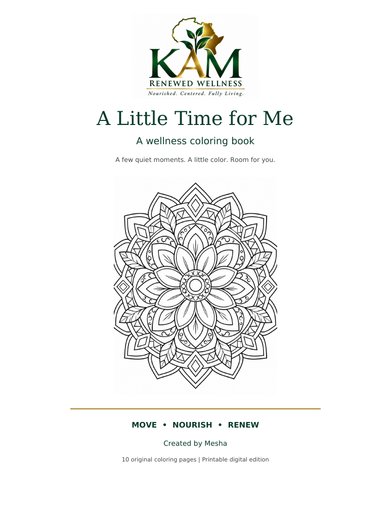 A Little Time for Me coloring book cover with KAM Renewed Wellness branding