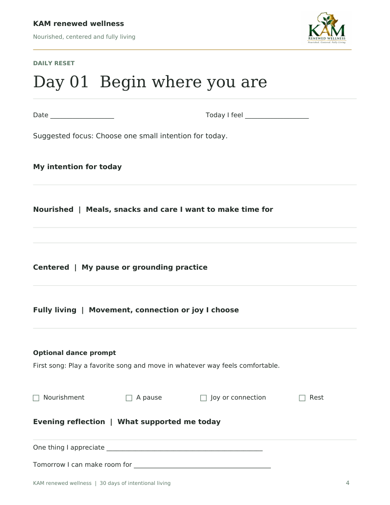 Day 1 sample from the Wellness Reset Planner